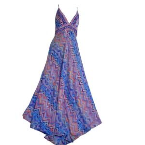 India Boutique Blue Pink Chevron Gold Metallic Maxi Dress Smocked Back NWT
